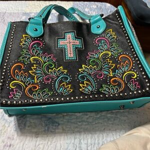 Embroidered Black and Teal Handbag